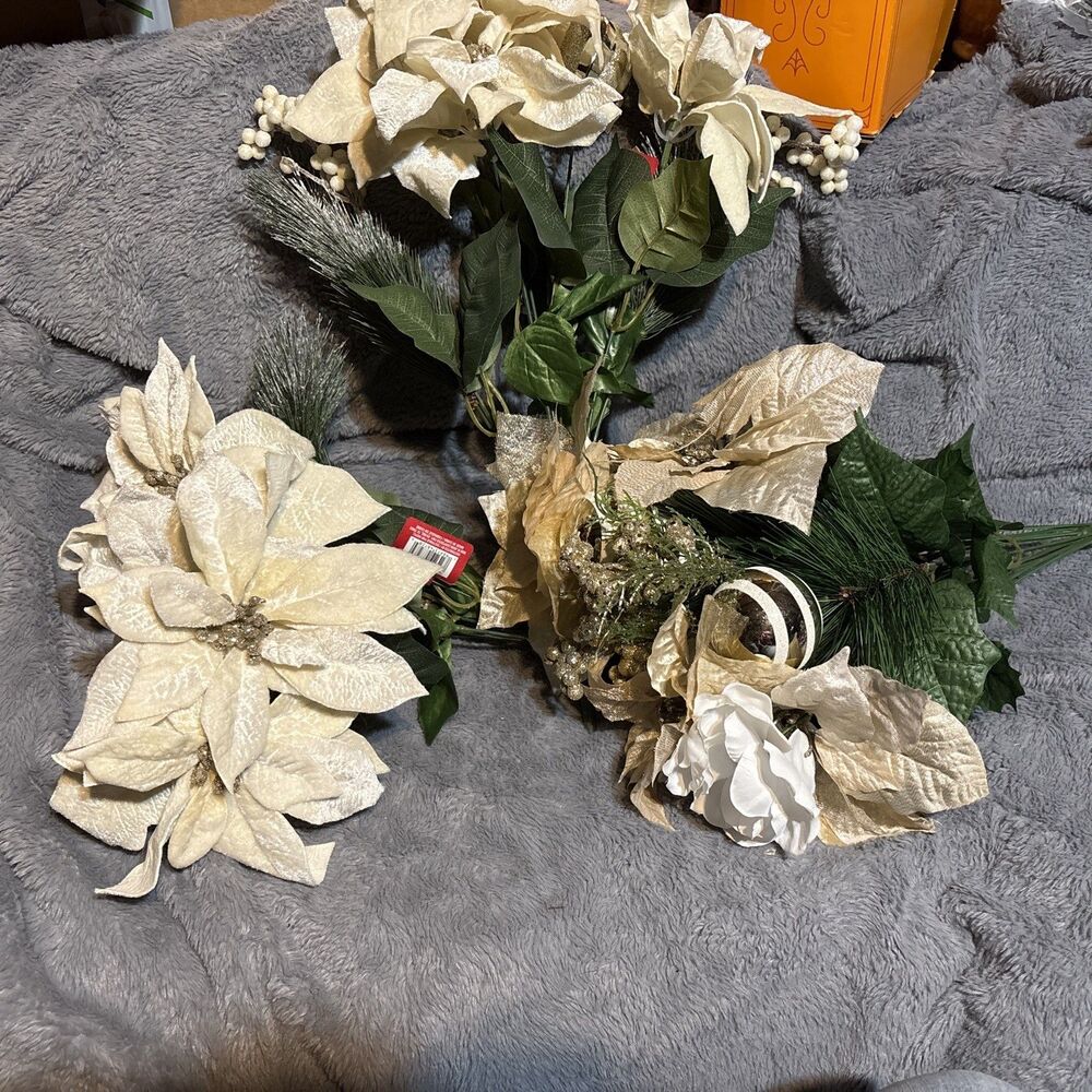 ASHLAND Ivory Poinsettias Deluxe Bush Lot 3 Artificial Flowers Floral Crafts